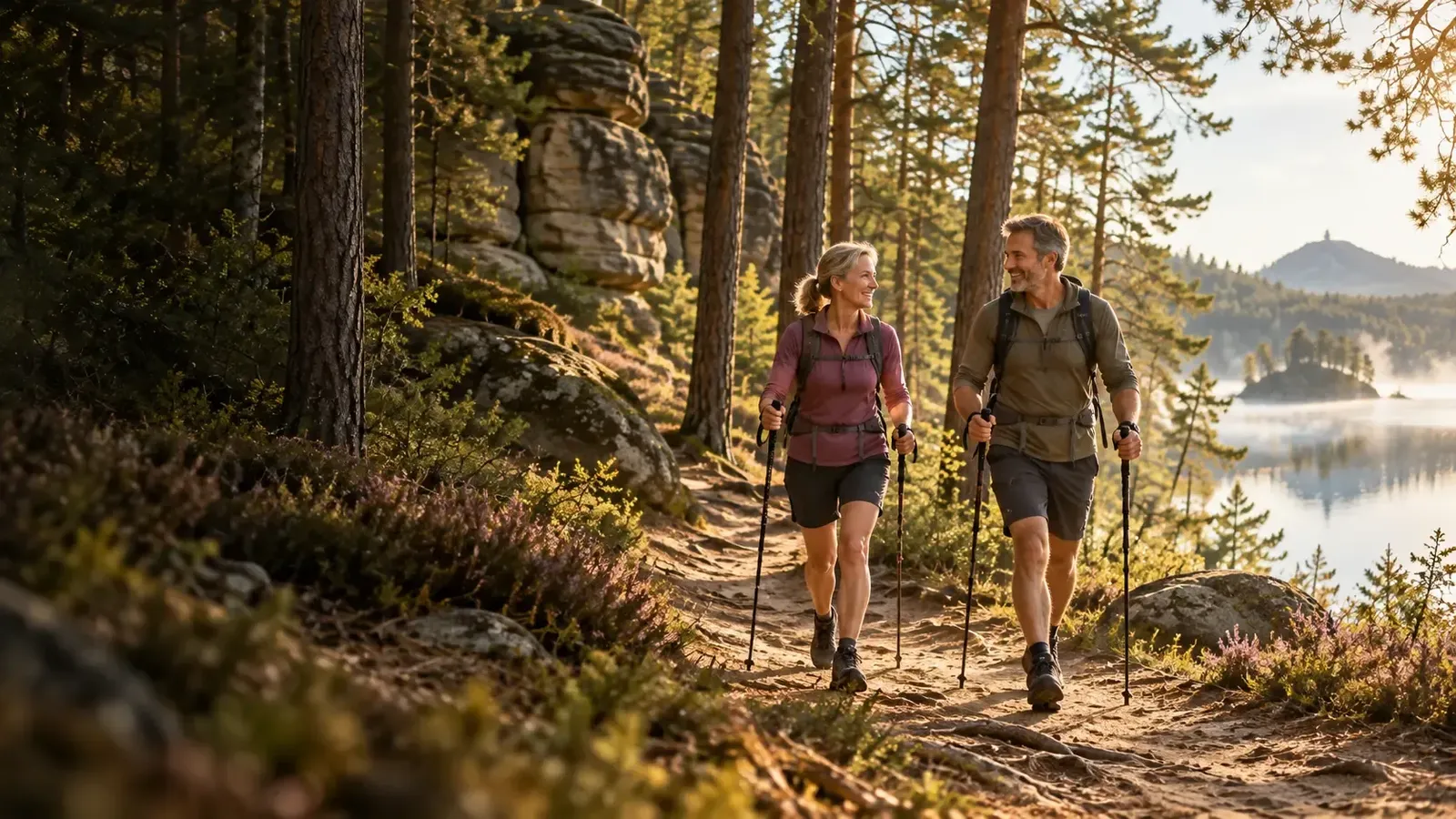Pár s nordic walking holemi na lesní cestě u jezera